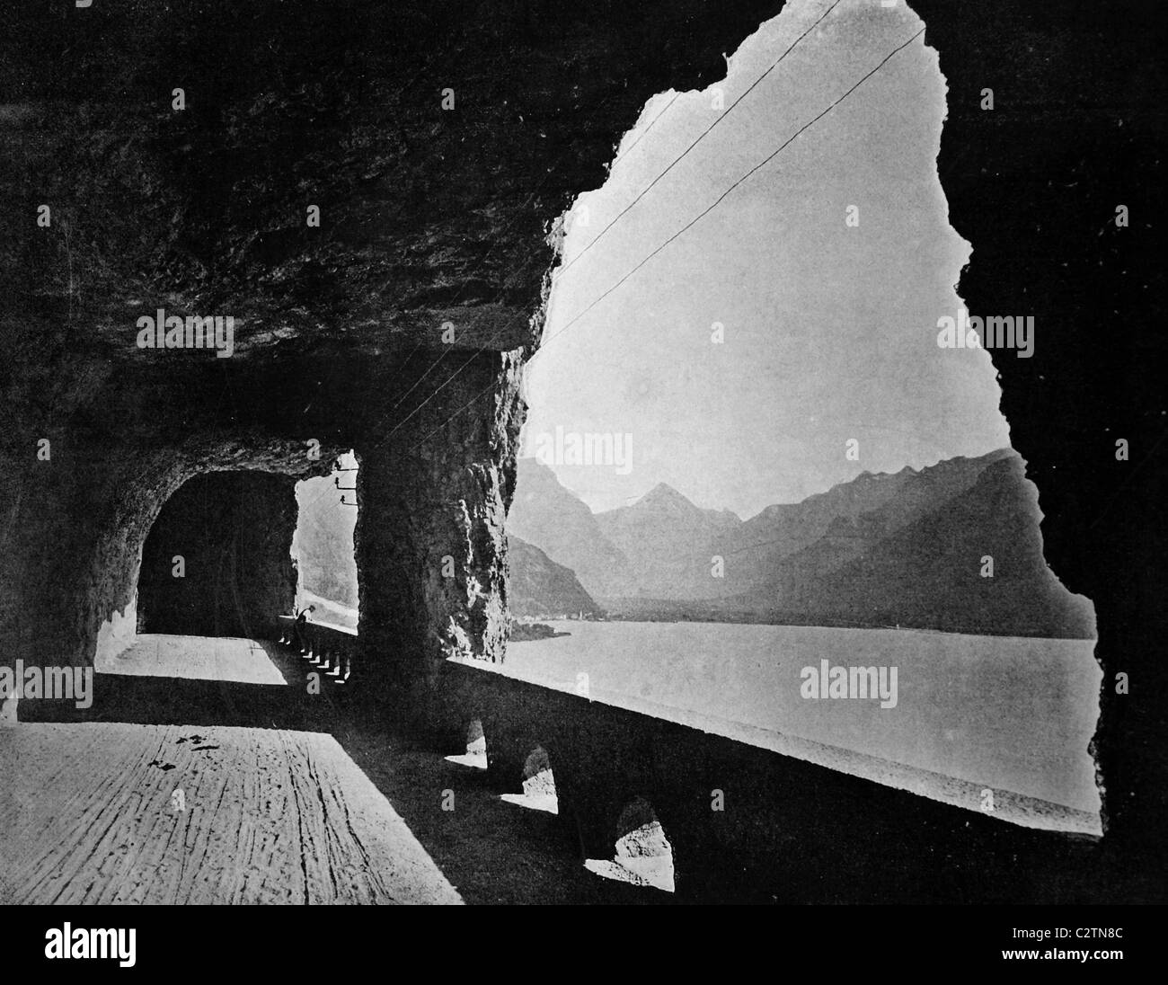 Early autotype of the Axenstrasse on Lake Lucerne, Switzerland, historical photograph, 1884 Stock Photo