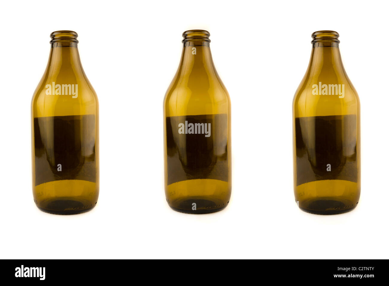 Three empty beer bottles, isolated on white Stock Photo