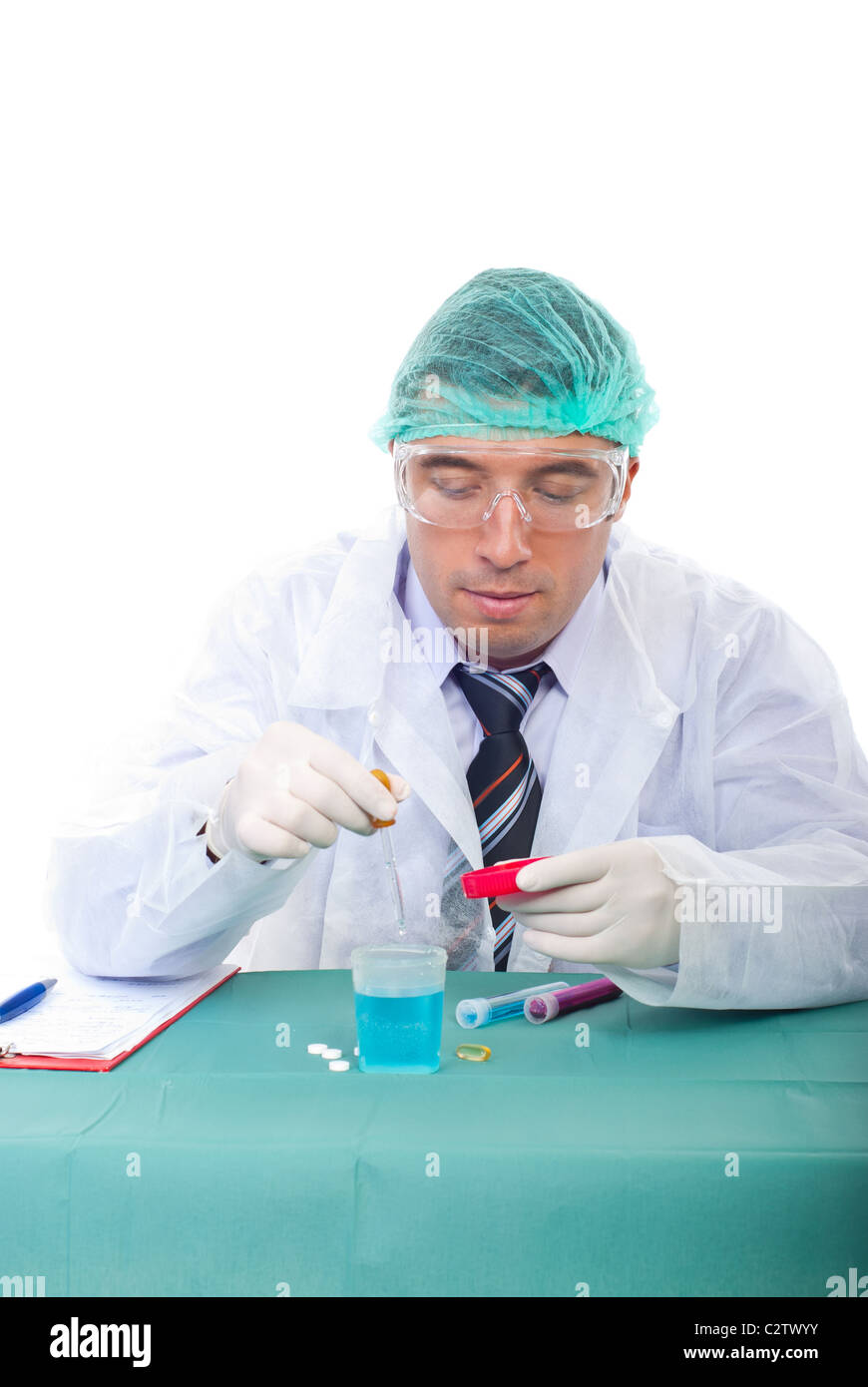 Researcher man wearing uniform and cap and working in a laboratory