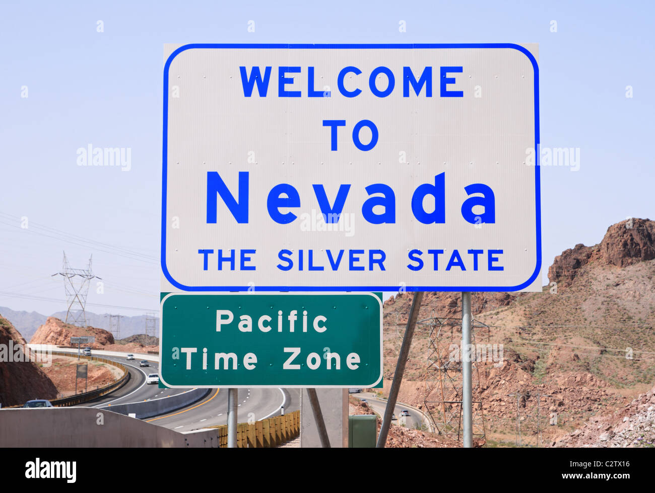 Welcome to Nevada sign on Highway 93 after crossing the Colorado River from Arizona Stock Photo