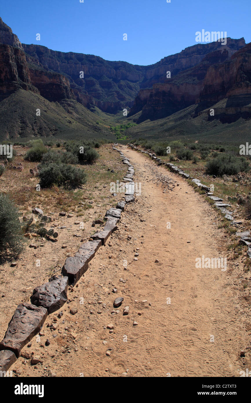 vertical image of Plateau Point trail in the Grand Canyon looking up at the Bright Angel Trail Stock Photo