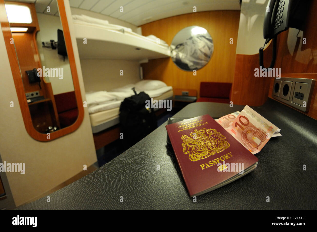 Cabin on Harwich - Hoek van Holland ferry. Passport and Euros on table  Stock Photo - Alamy