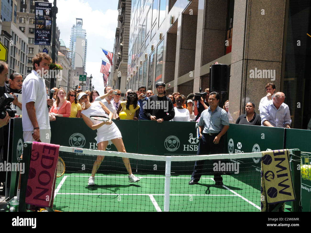 Monica Seles Monica Seles and Jim Courier compete on a pop up tennis court on Fifth Avenue to celebrate the start of Wimbledon Stock Photo