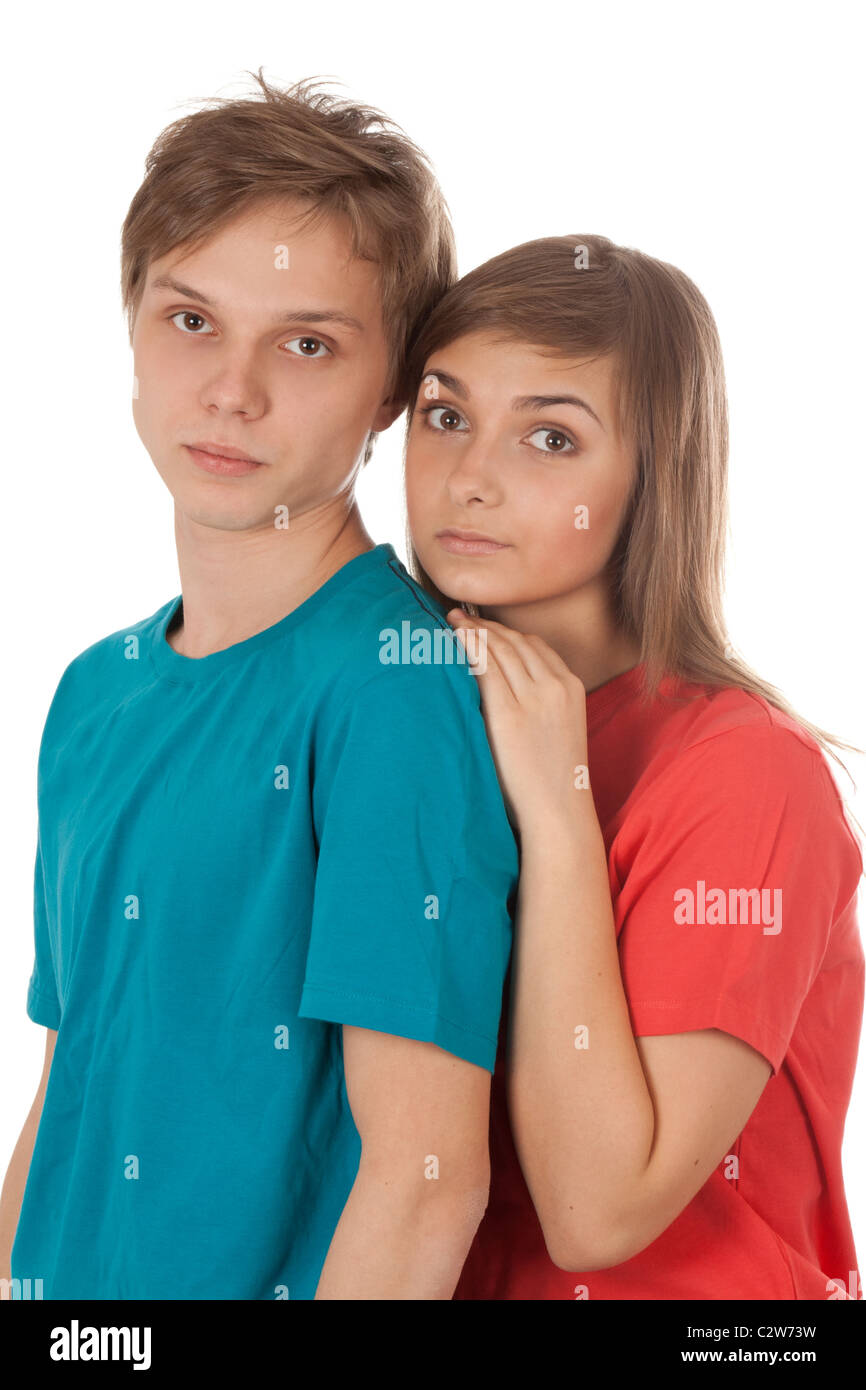 couple of teenagers in color clothes isolated on white background Stock