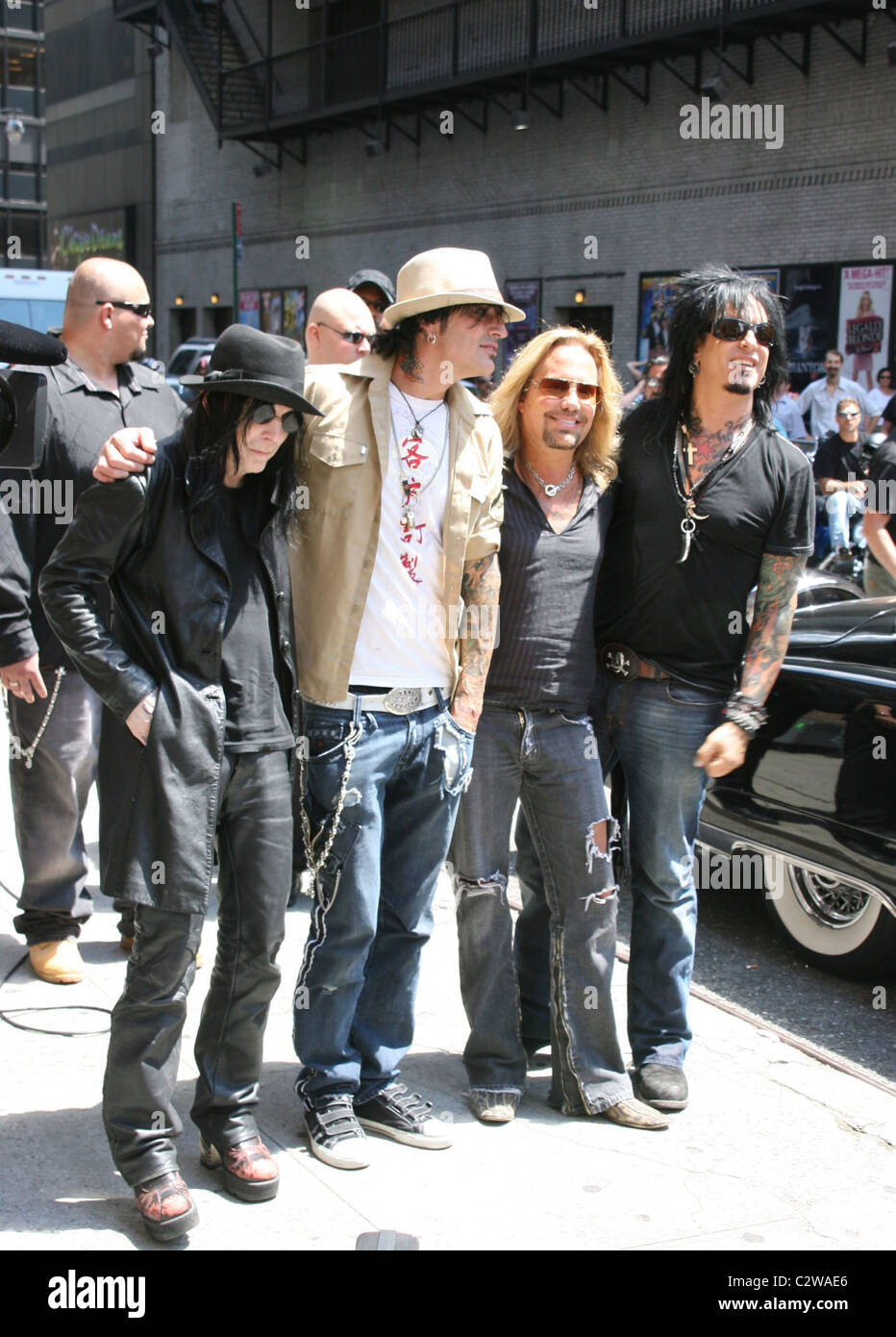 Mick Mars, Tommy Lee, Vince Neil and Nikki Sixx of Motley Crue outside the  Ed Sullivan Theater for the 'Late Show With David Stock Photo - Alamy