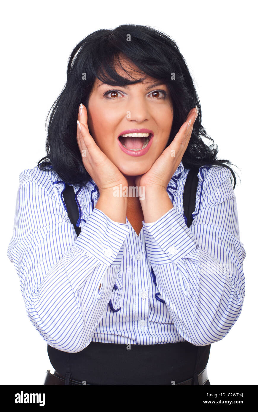 Happy surprised business woman isolated on white background Stock Photo ...