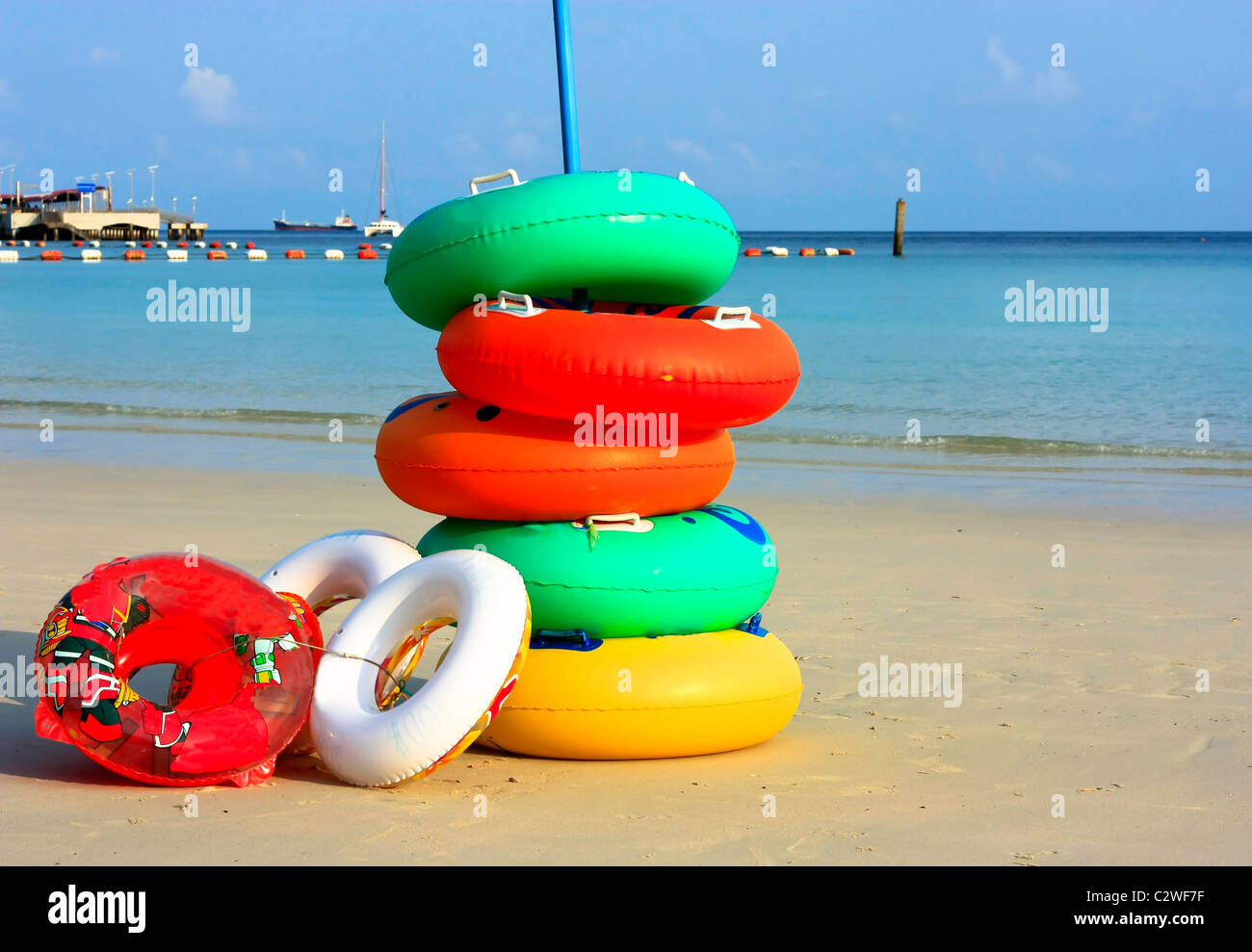 Tire network played in the sea with colorful variety of sizes to choose from. Stock Photo