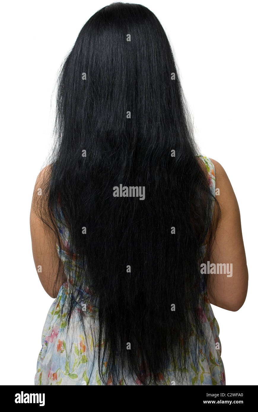 Rear view of beautiful brunette woman long hair standing with back ...