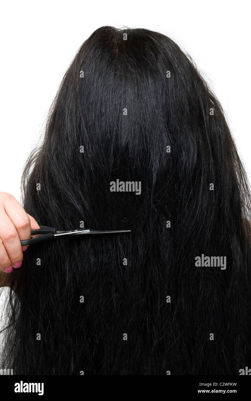 Close Up Of Back Of Brunette Woman Long Hair And Scissors At