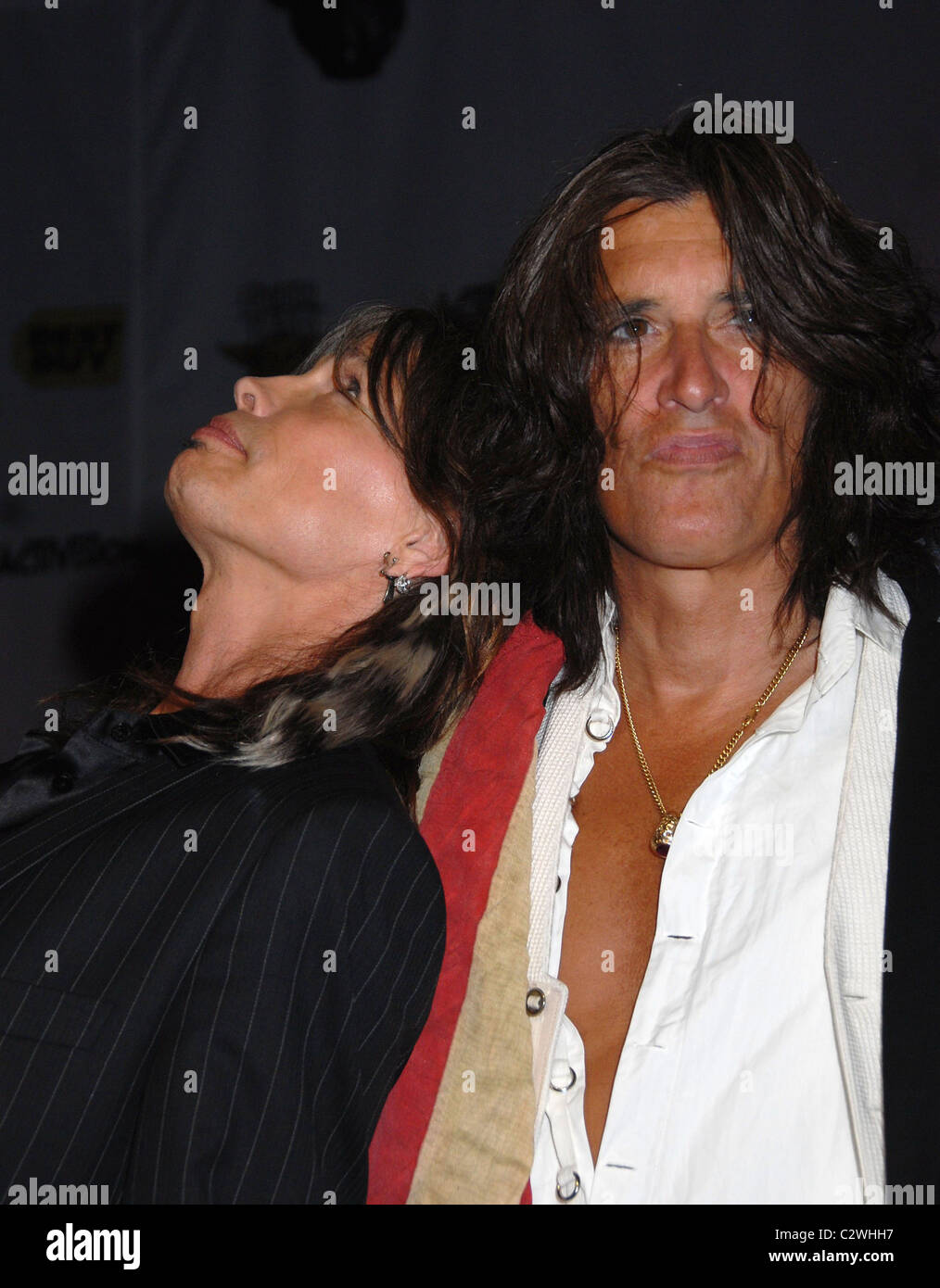 Joe Perry and Steven Tyler Aerosmith launch the new video game 'Guitar Hero: Aerosmith' at Hard Rock cafe New York City, USA - Stock Photo