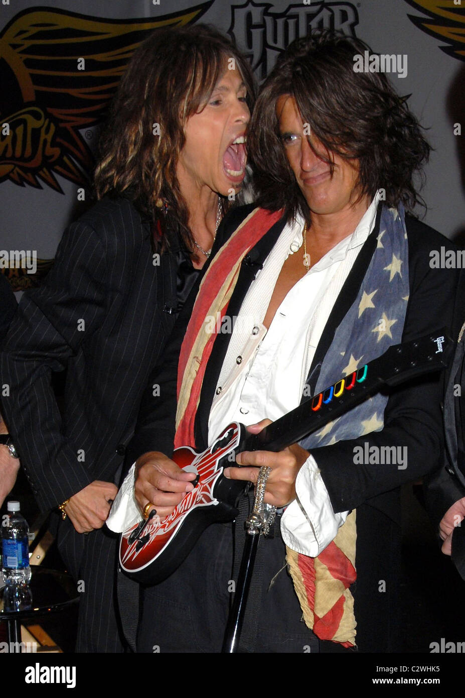 Joe Perry and Steven Tyler Aerosmith launch the new video game 'Guitar Hero: Aerosmith' at Hard Rock cafe New York City, USA - Stock Photo