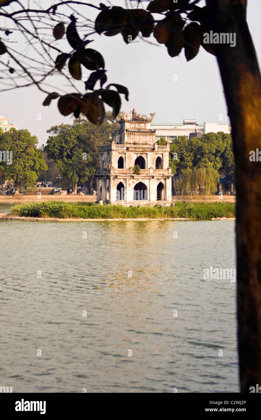 Vertical daytime view of Turtle Tower or Pagoda (Tháp Rùa) aka Tortoise Tower in the middle of Hoan Kiem Lake, central Hanoi. Stock Photo