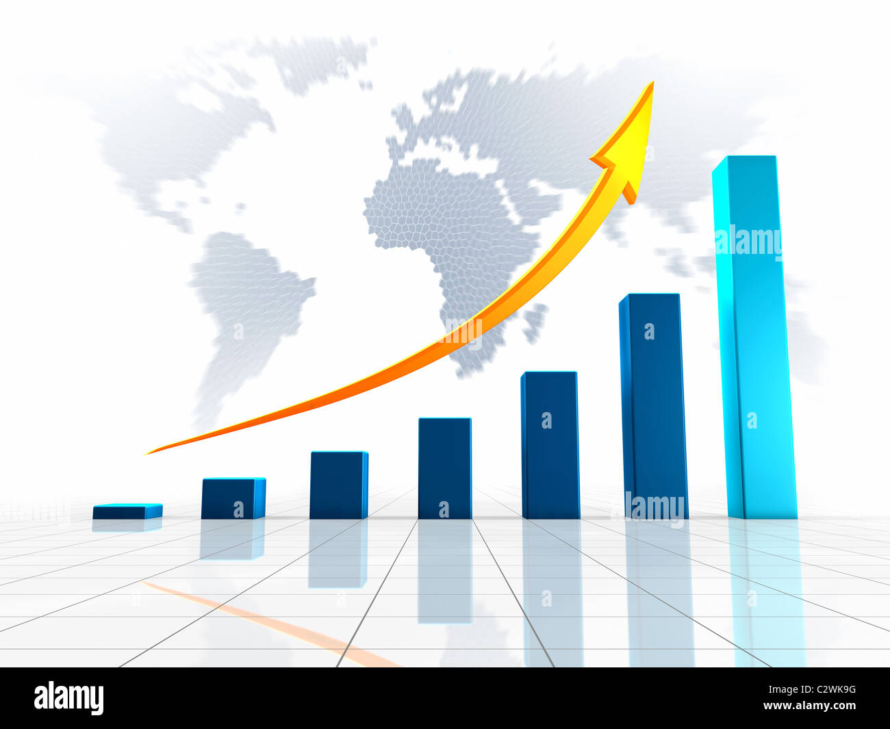 Growing chart with golden arrow pointing upwards, against the world ...
