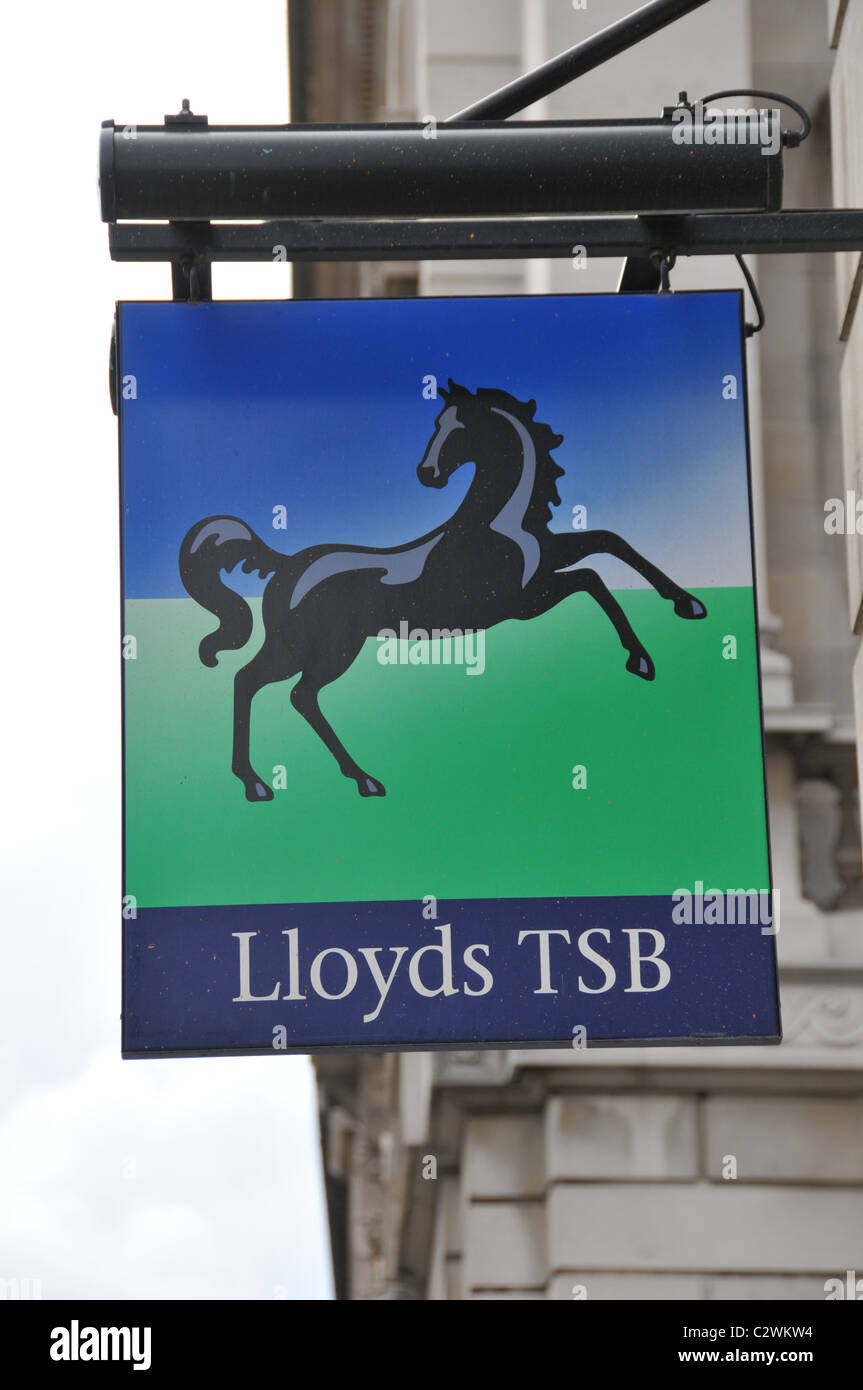 Lloyds TSB black horse sign bank banking brand interest rates loans mortgage cash money recession bankers bonus Stock Photo