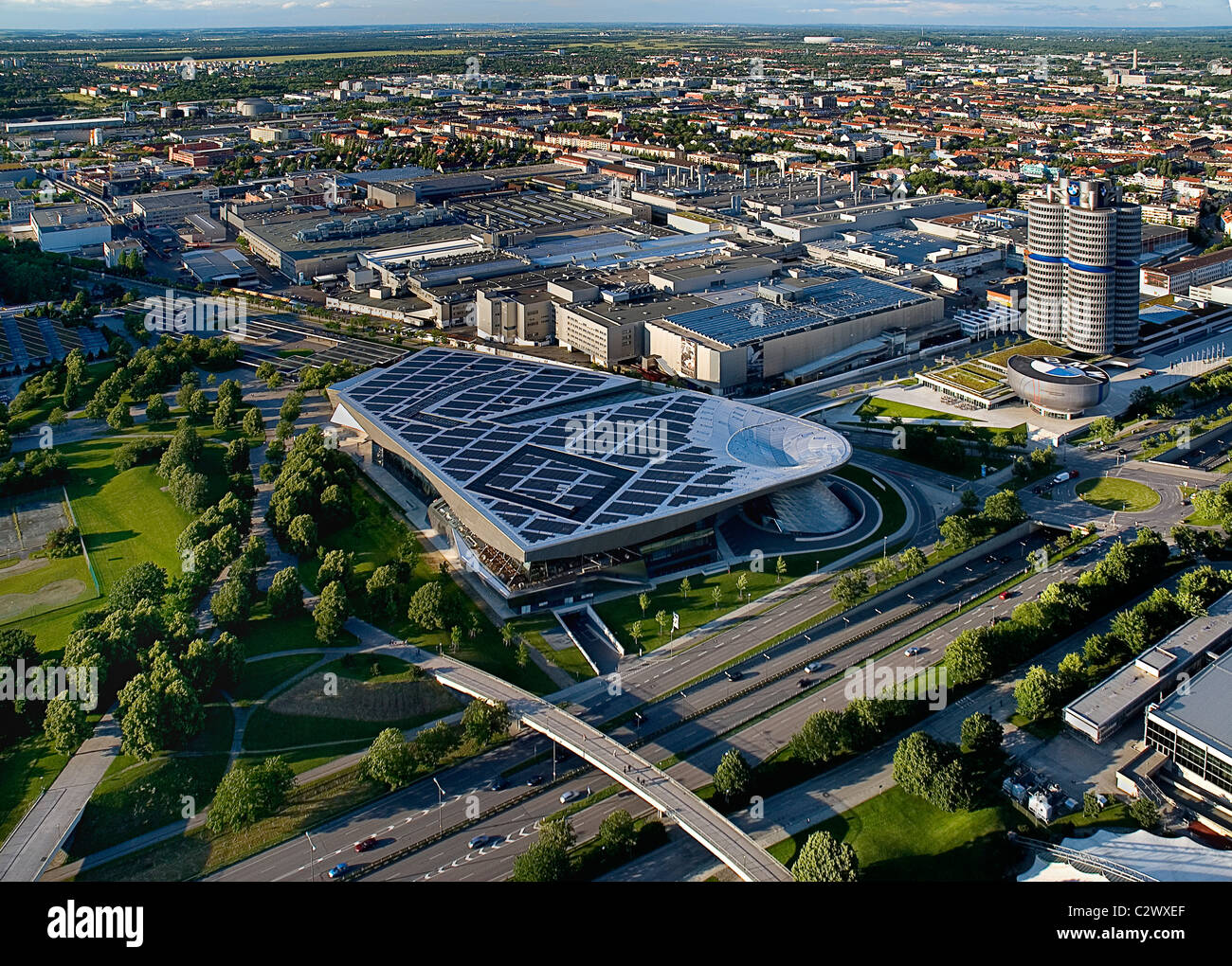 Germany, Bavaria, Munich, BMW Headquarters, View from the Olympic Tower. Stock Photo