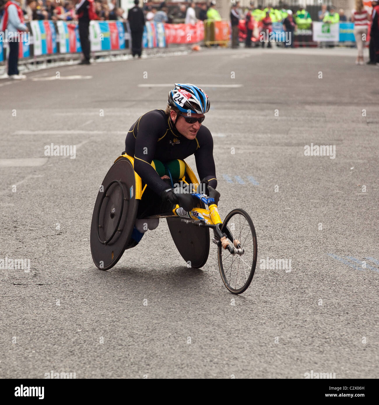 Mens Wheelchair competitor at the London Marathon 2011,Church Street