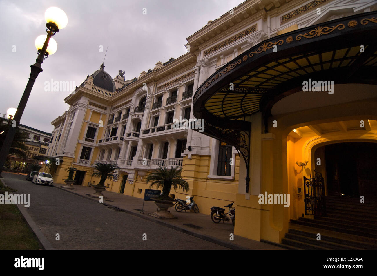 Horizontal angular wide angle of Hanoi's Opera House (Nhà hát lớn Hà Nội) at dusk. Stock Photo