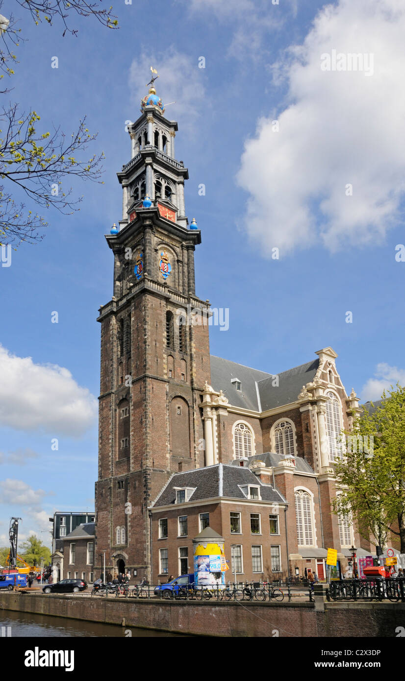 Amsterdam, Netherlands. Westerkerk (church - 1620-38) on Prinsengracht (canal). Stock Photo