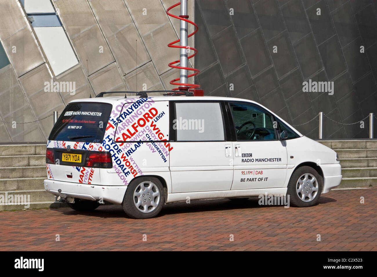 BBC Radio Manchester outside broadcast van at The Lowry arts centre,  Salford Quays, Salford, Greater Manchester, England, UK Stock Photo - Alamy