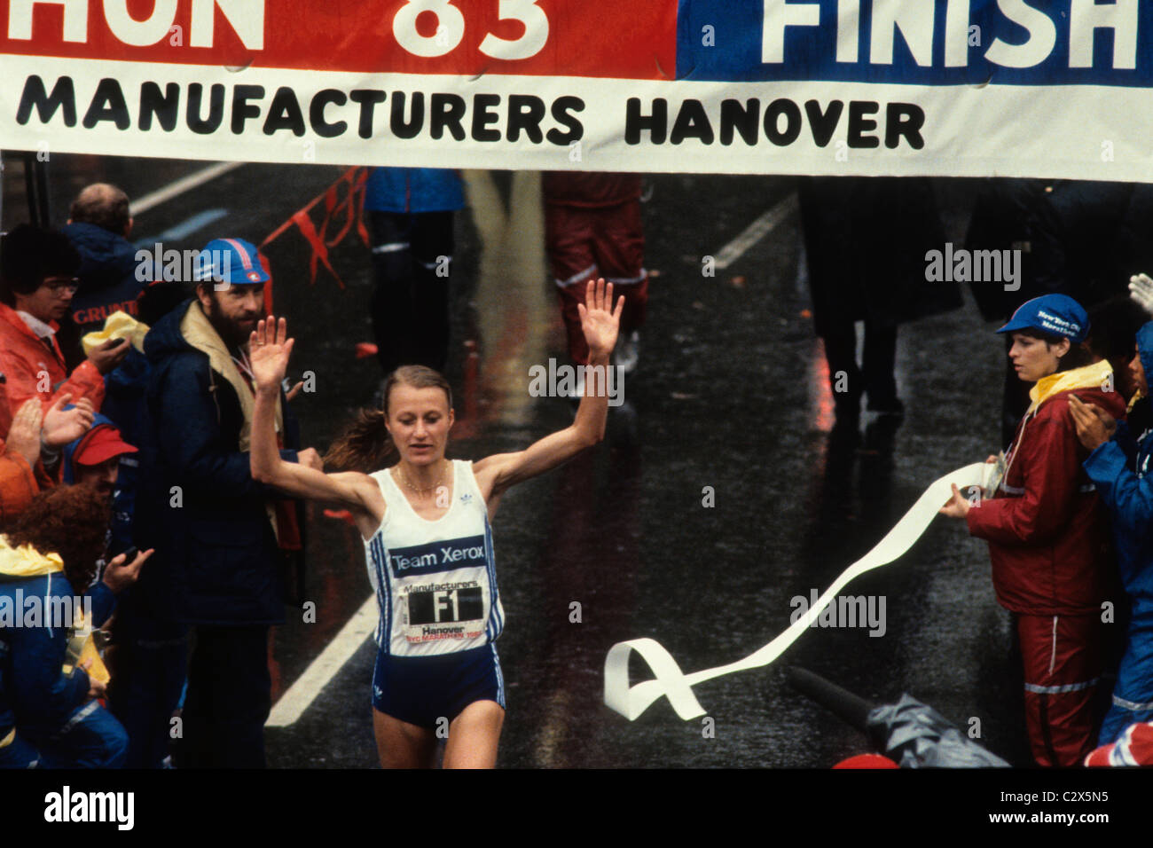 Grete Waitz winning the 1983 NYC Marathon. Stock Photo