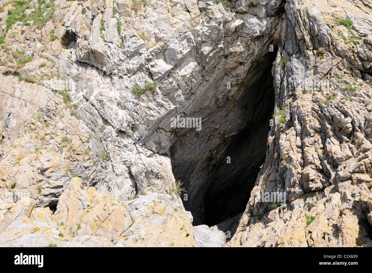 Entrance of Paviland Cave   where the skeleton of The Red Lady of Paviland was discovered Gower Glamorgan Wales Cymru UK GB Stock Photo