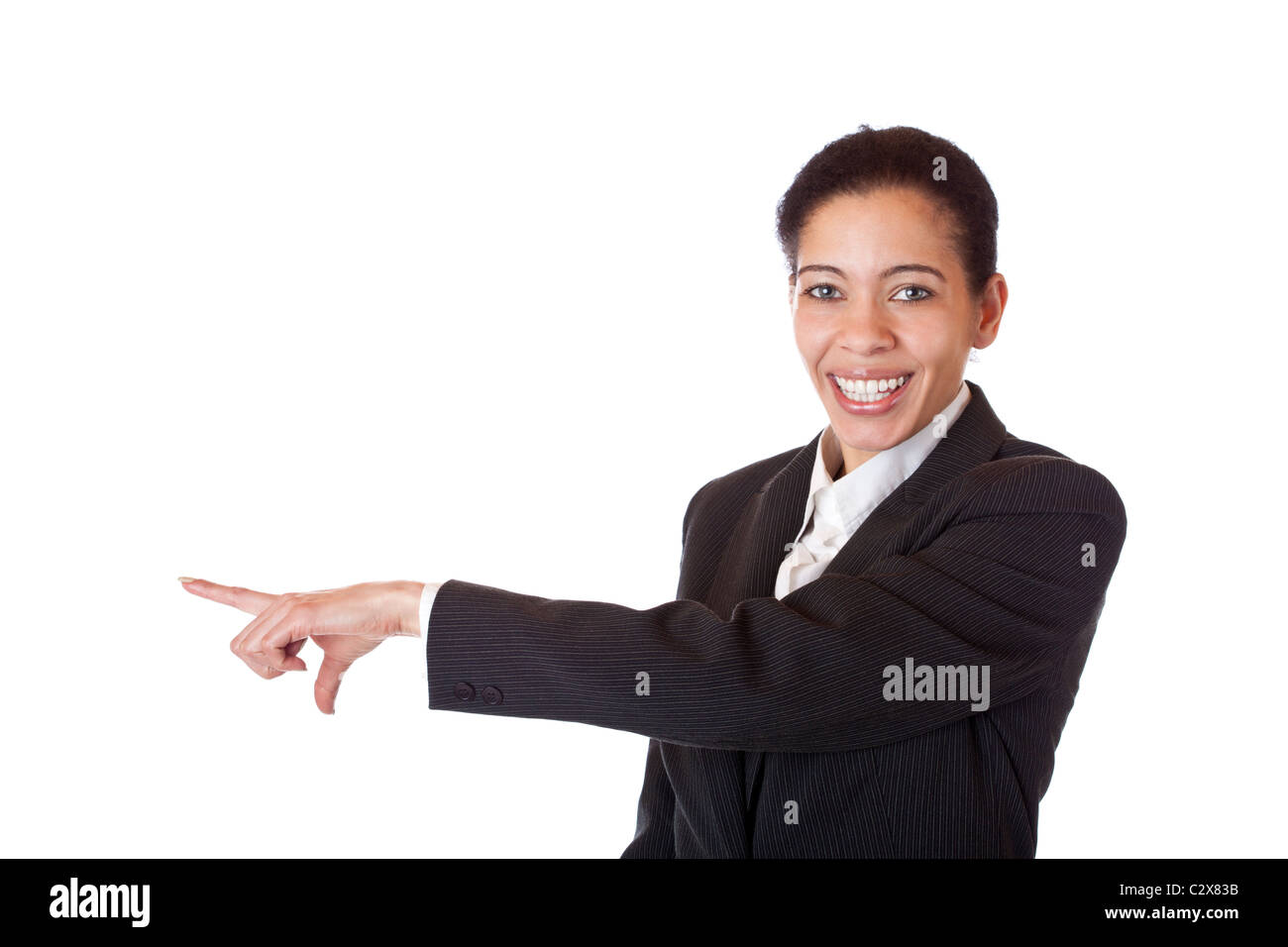 Beautiful businesswoman pointing with finger at blank copyspace. Isolated on white background. Stock Photo