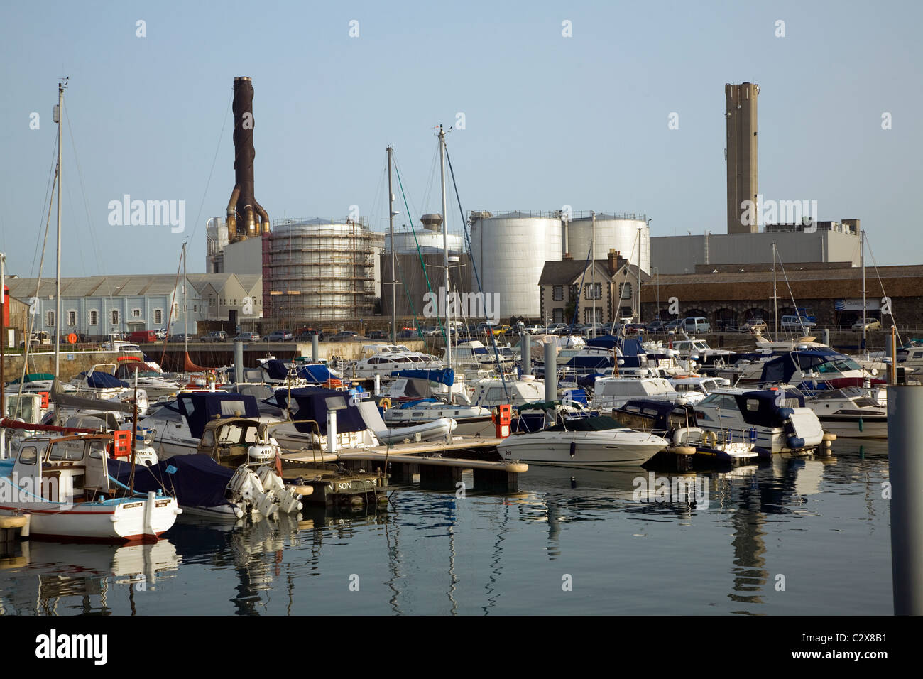 Power station chimneys St Sampson harbour Guernsey Channel Islands