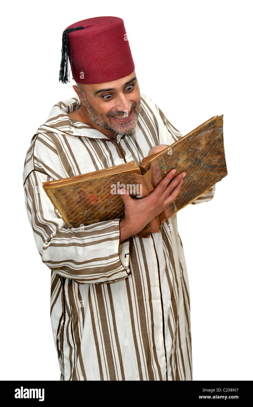 Arabic man with very old book isolated in white Stock Photo