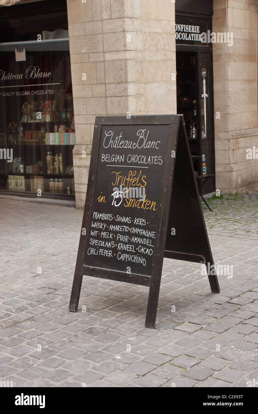 Advertising board outside a chocolatier shop Antwerp Belgium Stock Photo