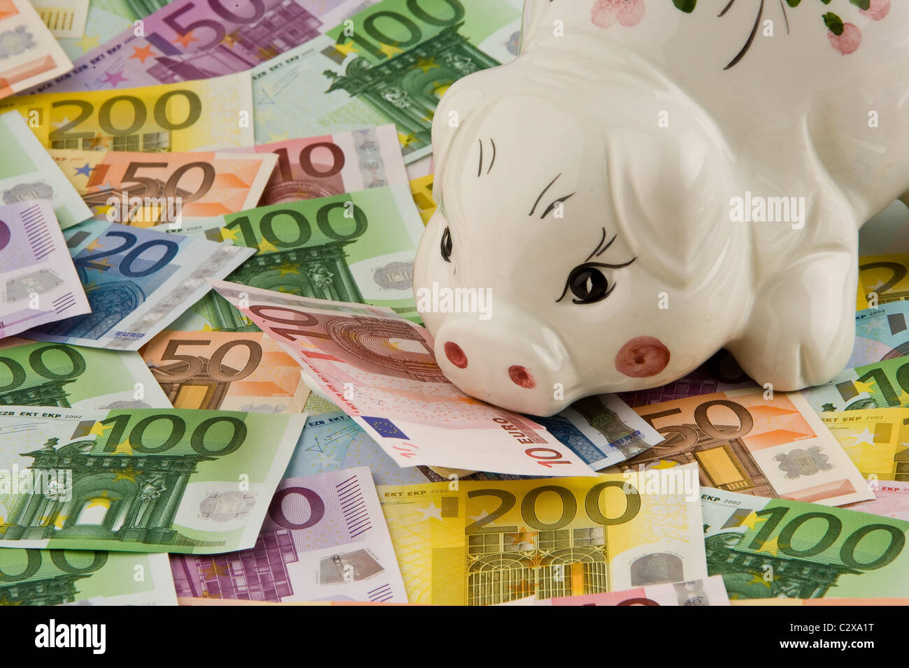 Piggy bank and Euro notes Stock Photo