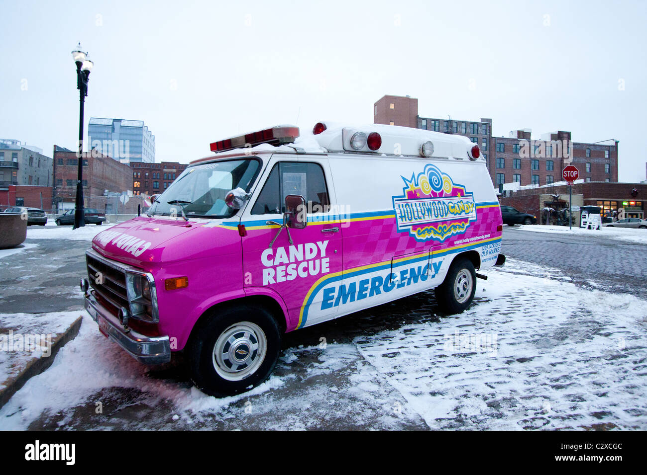 An ambulance converted into a candy truck. Stock Photo