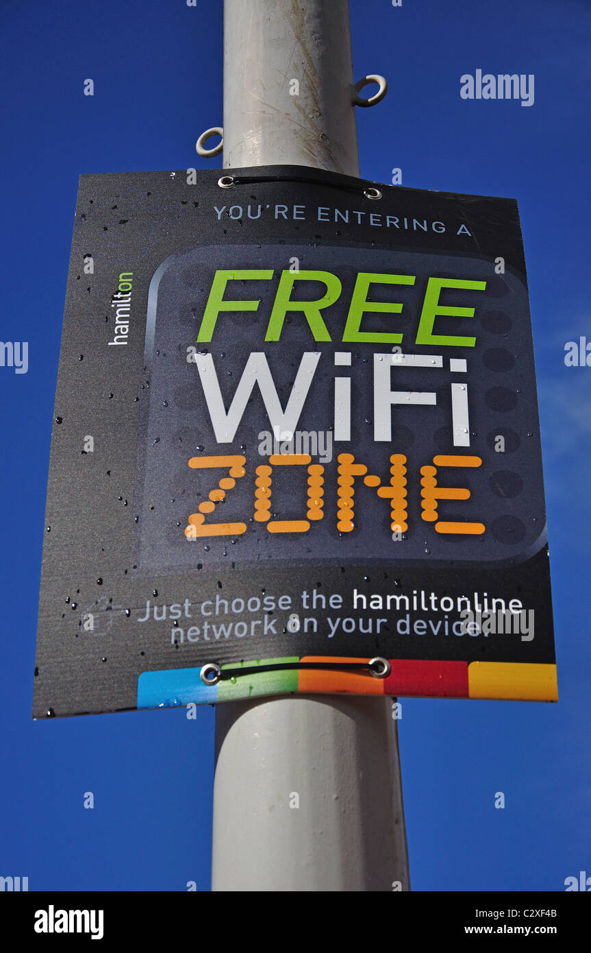 Free WiFi Zone notice, Garden Place, Hamilton, Waikato Region, North Island, New Zealand Stock Photo