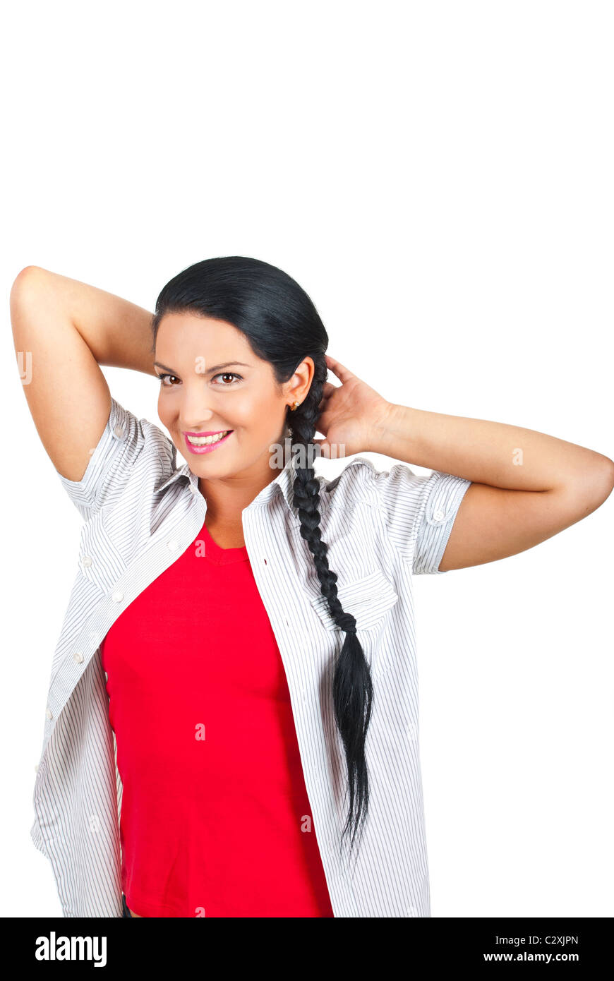 Casual woman posing with hands under head and smiling isolated on white
