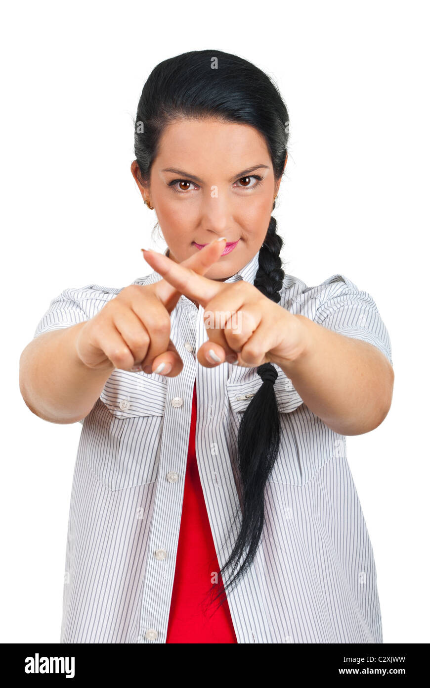 Woman With Fingers Crossed Forming A Cross In Front Of Her Face Stock