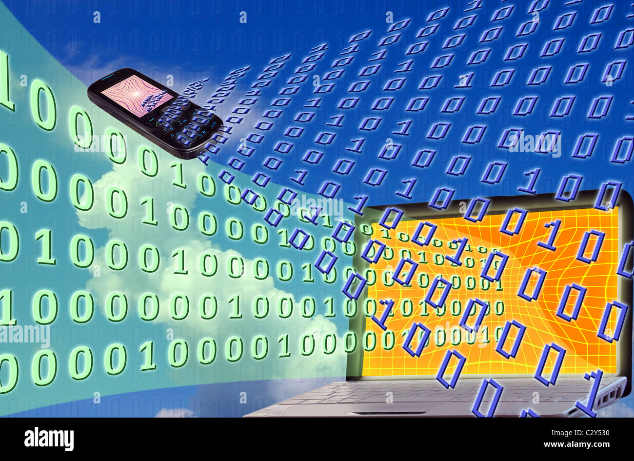 binary code concepts: digits flowinf from laptop and mobile phone Stock Photo