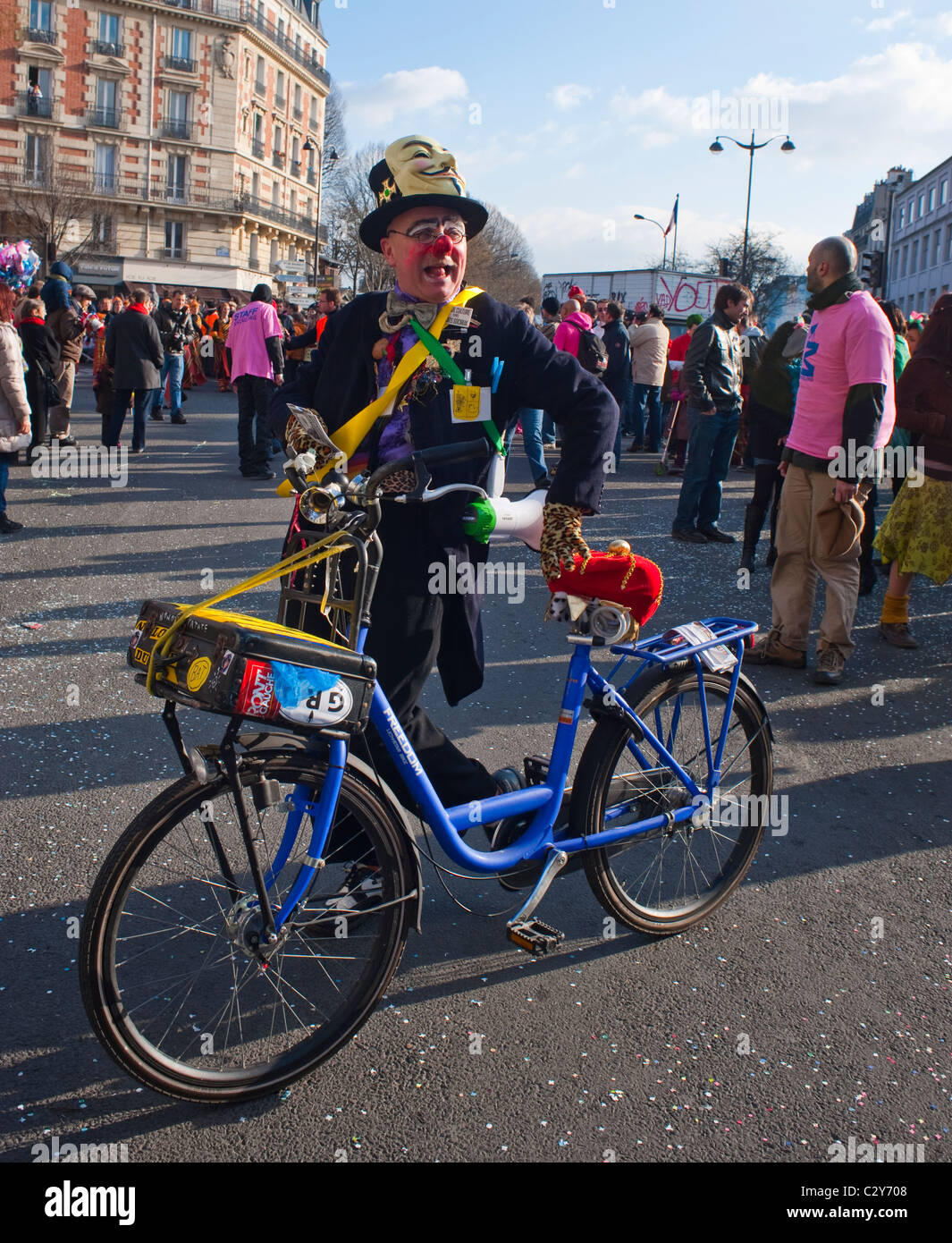 Paris, France, French Clown Celebrating Traditional 'Paris Carnival' parade, Senior Man Cycling Stock Photo