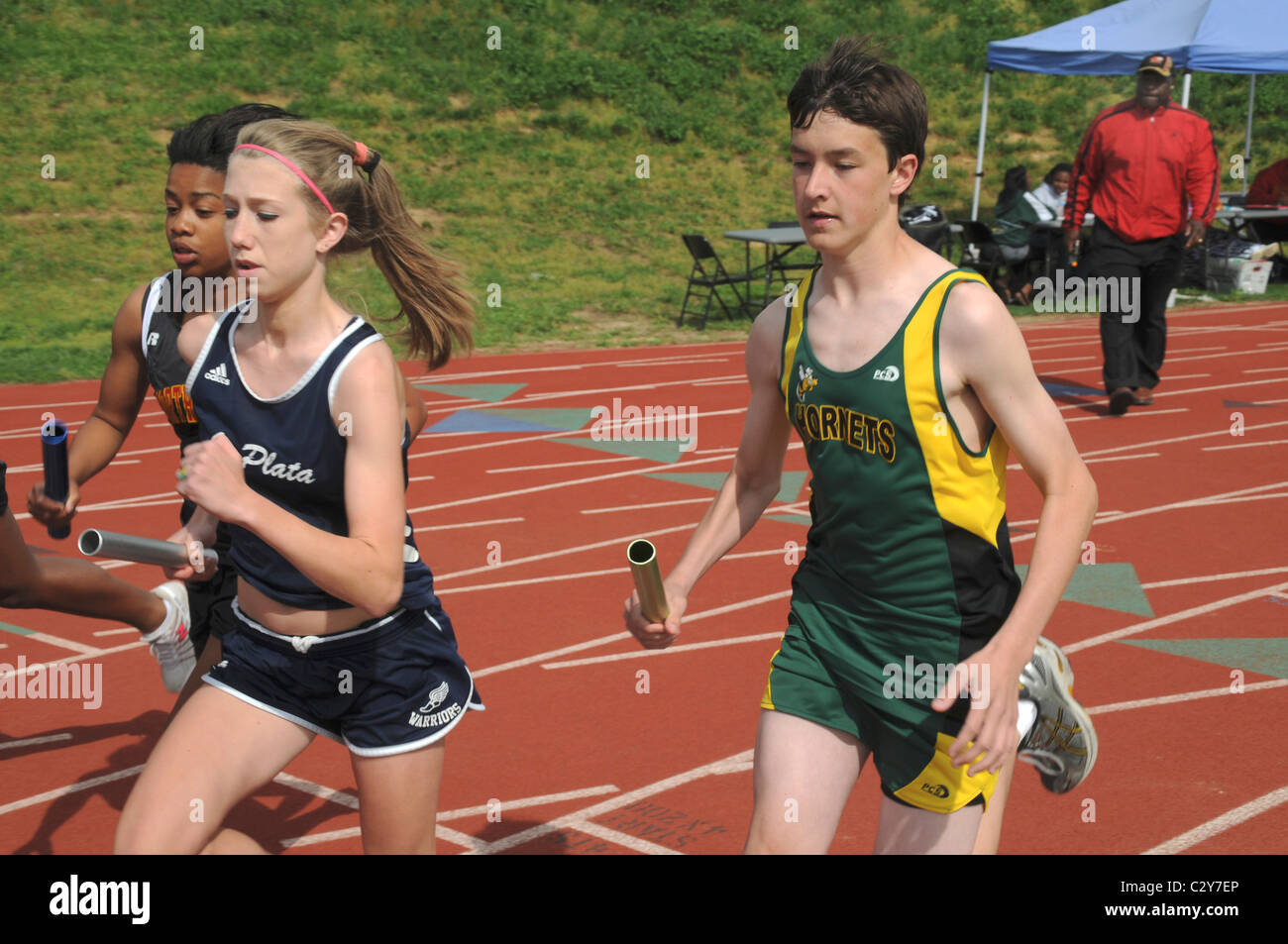 Teen runners in a high school track meet in Waldorf,Maryland Stock
