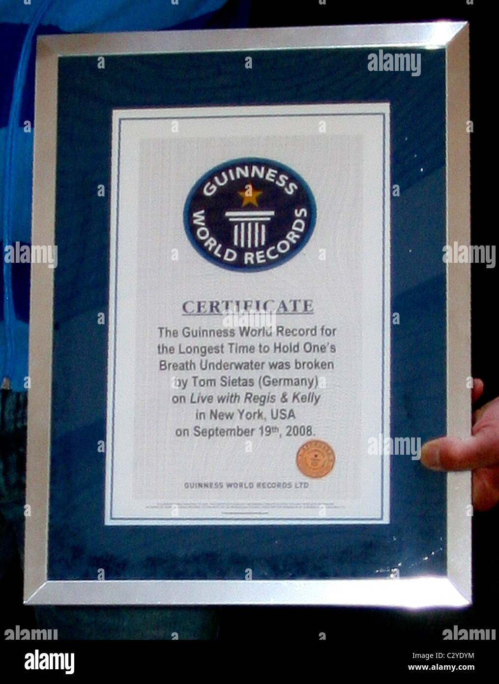 Tom Sietas's Guinness World Record Award for 'Holding One's Breath  Underwater' leaving ABC studios after appearing on 'Live Stock Photo - Alamy