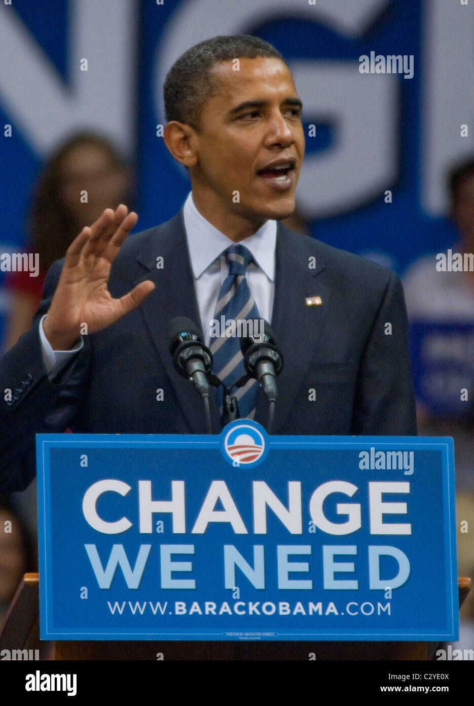 Barack Obama speaks at the Barack Obama for President, "Change We Can Believe In," campaign rally at the Bank United Center on Stock Photo