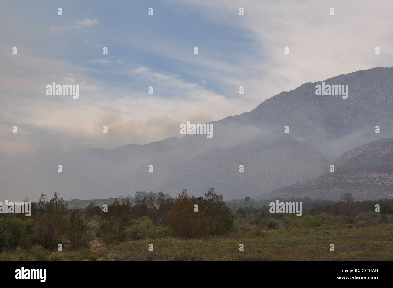 Bush Fire that is out of control, flames, smoke, landscape Stock Photo