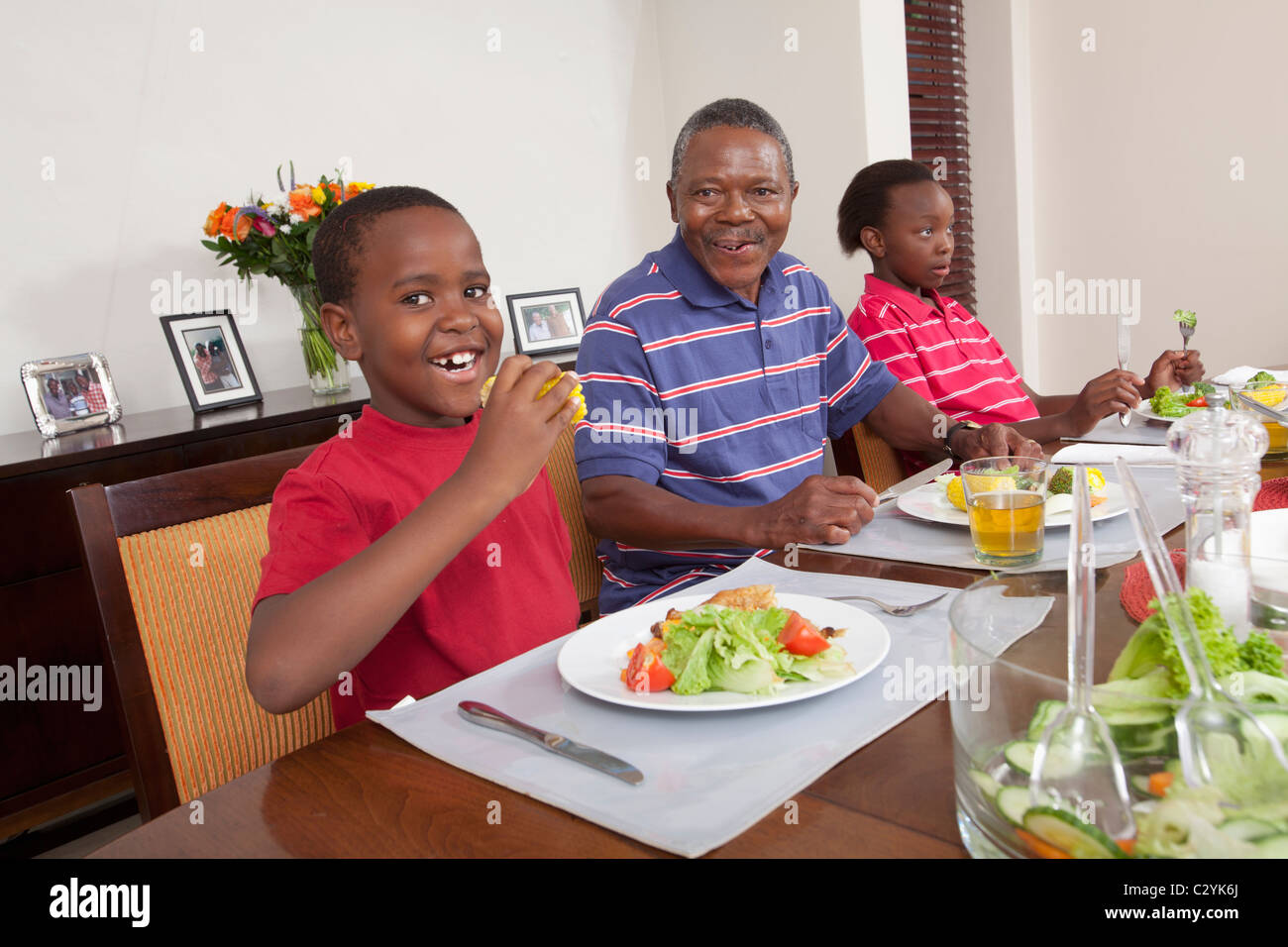 Family eating at dining room table, Johannesburg, South Africa Stock