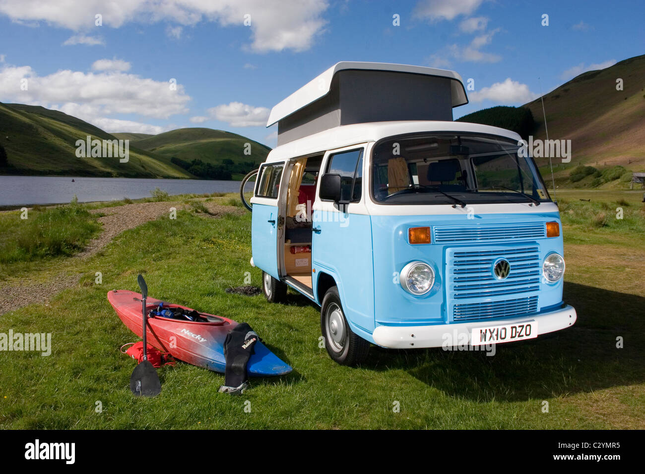Blue VW Camper Van in the Scottish Borders Stock Photo