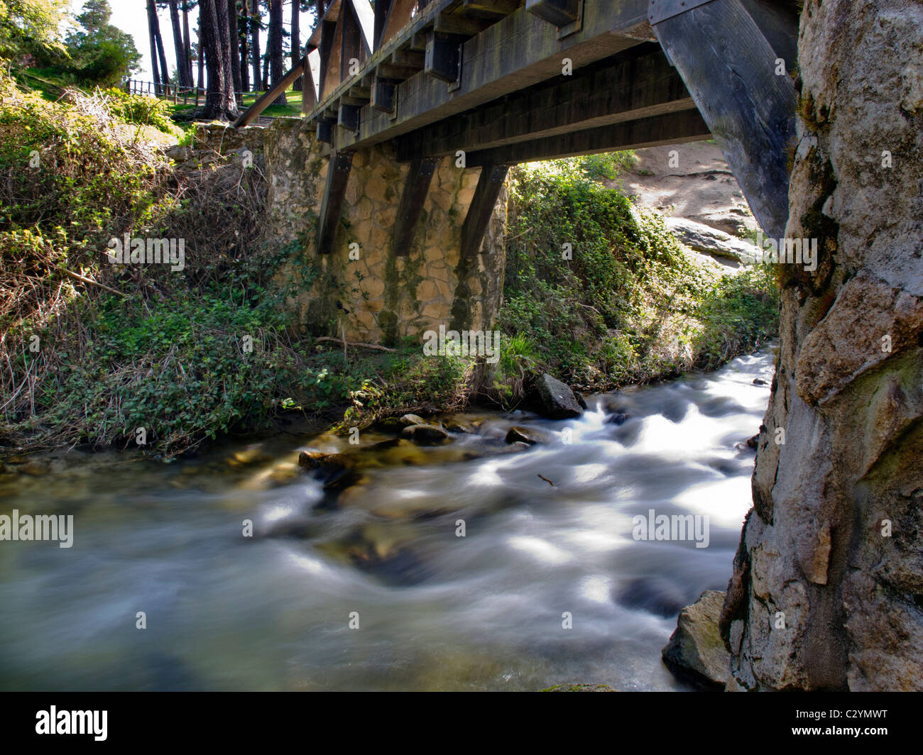 old wooden bridge over a river of silky waters Stock Photo - Alamy