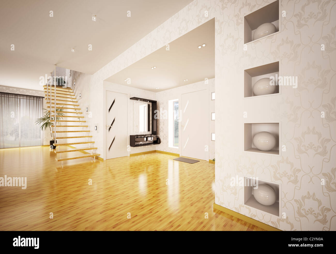 Modern interior design of hall with staircase 3d render Stock Photo - Alamy