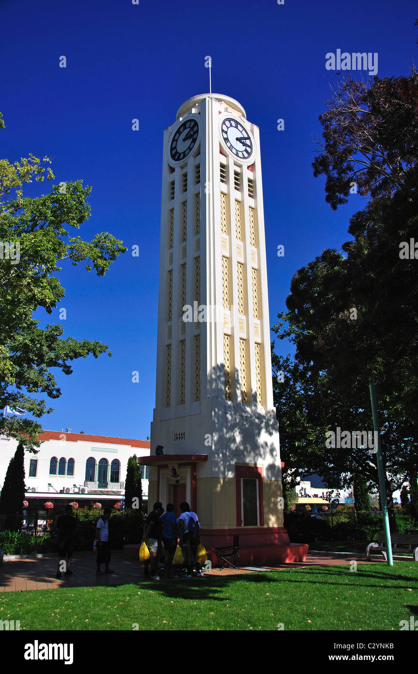 Art Deco Clock Tower, Hastings City Square, Hastings, Hawke's Bay, North Island, New Zealand Stock Photo