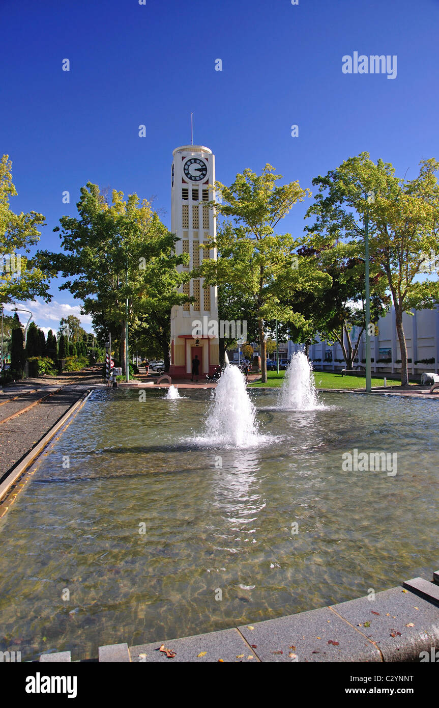 Clock Tower and fountain, Hastings City Square, Hastings, Hawke's Bay, North Island, New Zealand Stock Photo