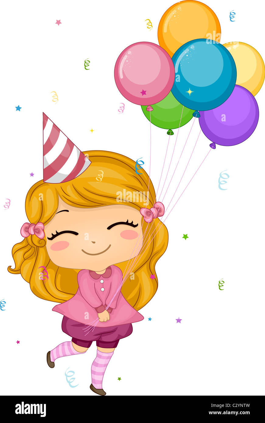 Illustration of a Girl Holding Birthday Balloons Stock Photo - Alamy