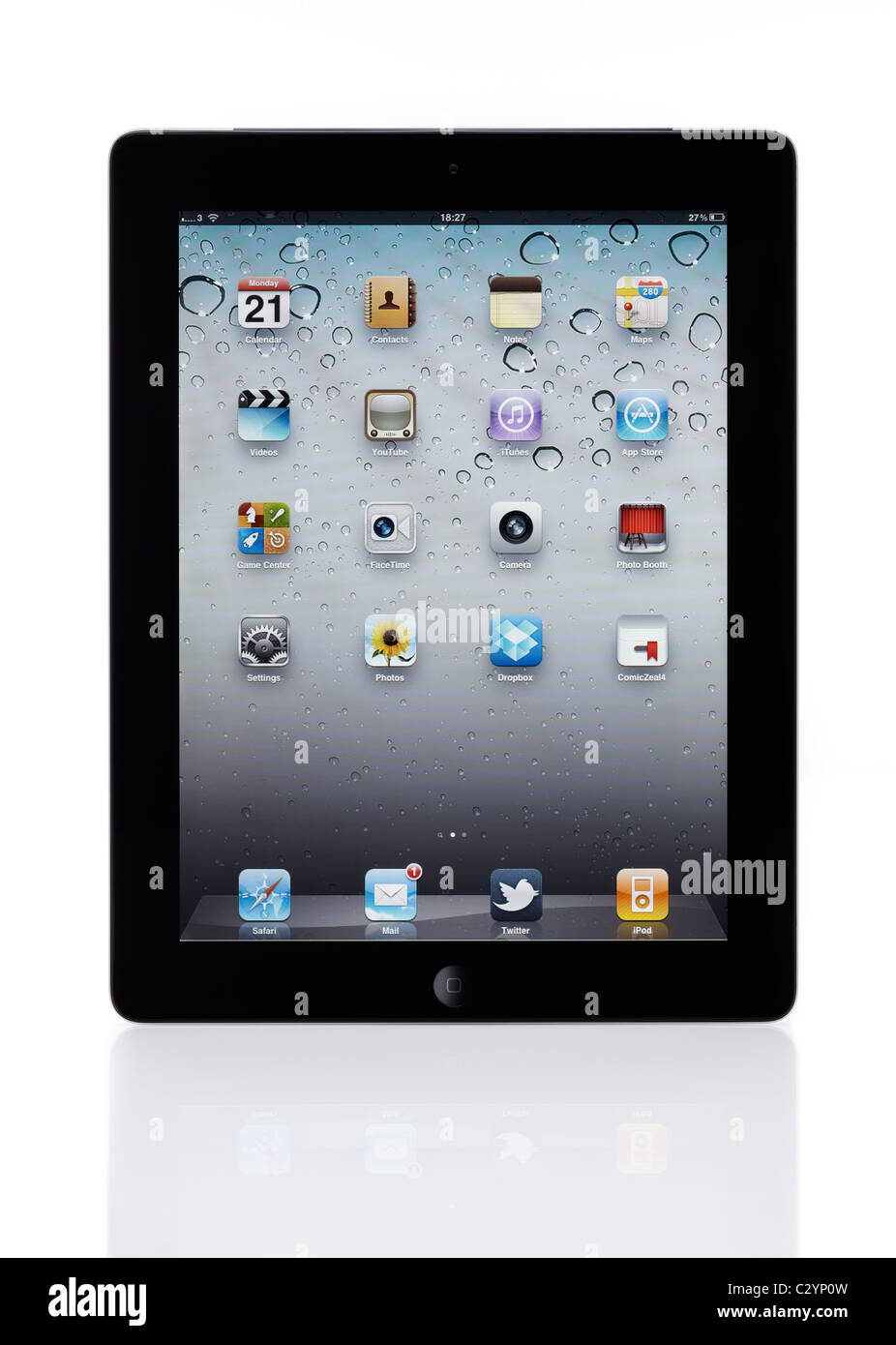 Apple iPad 2 cut out on a white background with reflection and clipping path. Stock Photo