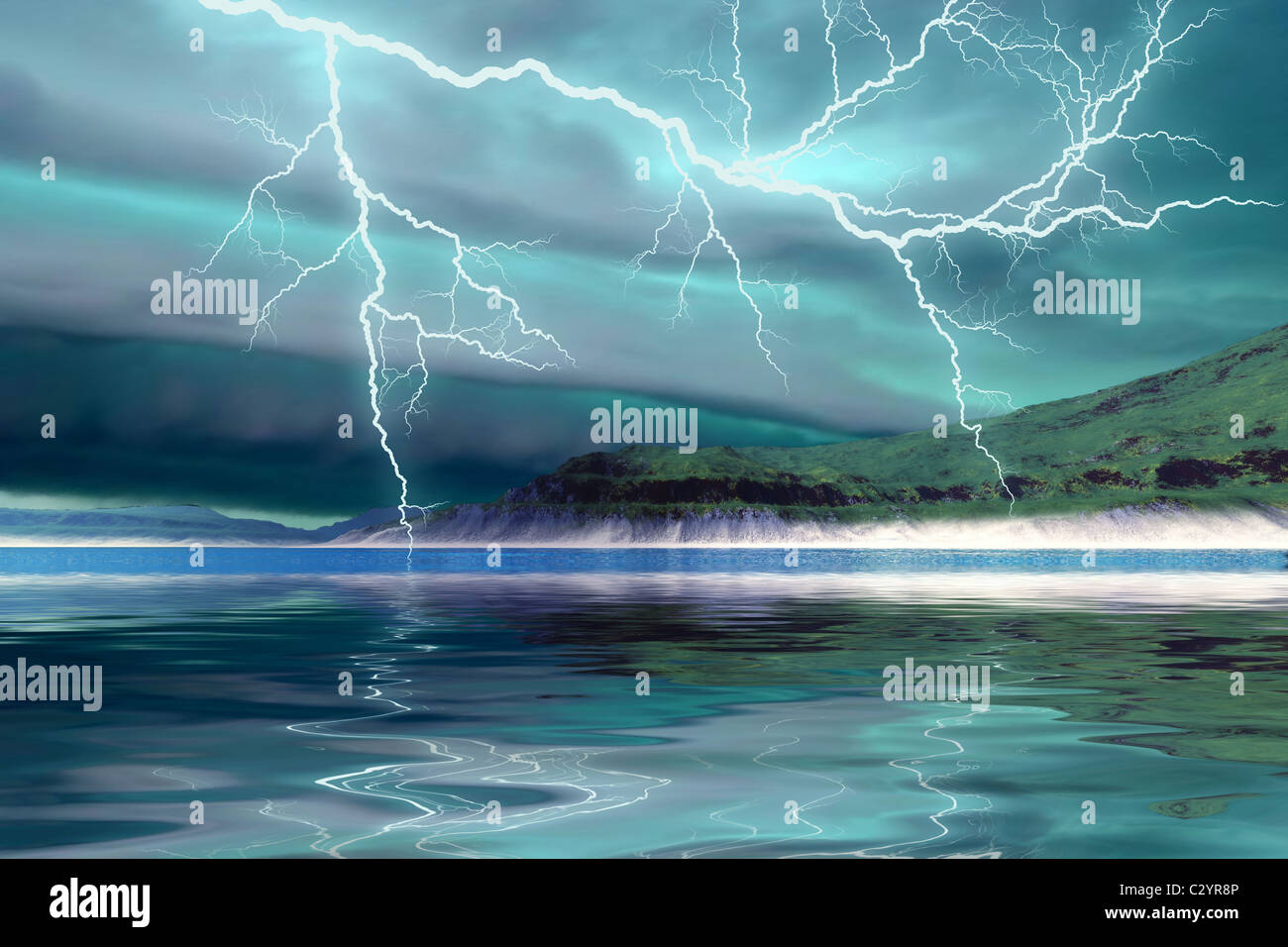 Ominous thunderclouds and lightning move over the mountains and a nearby lake. Stock Photo