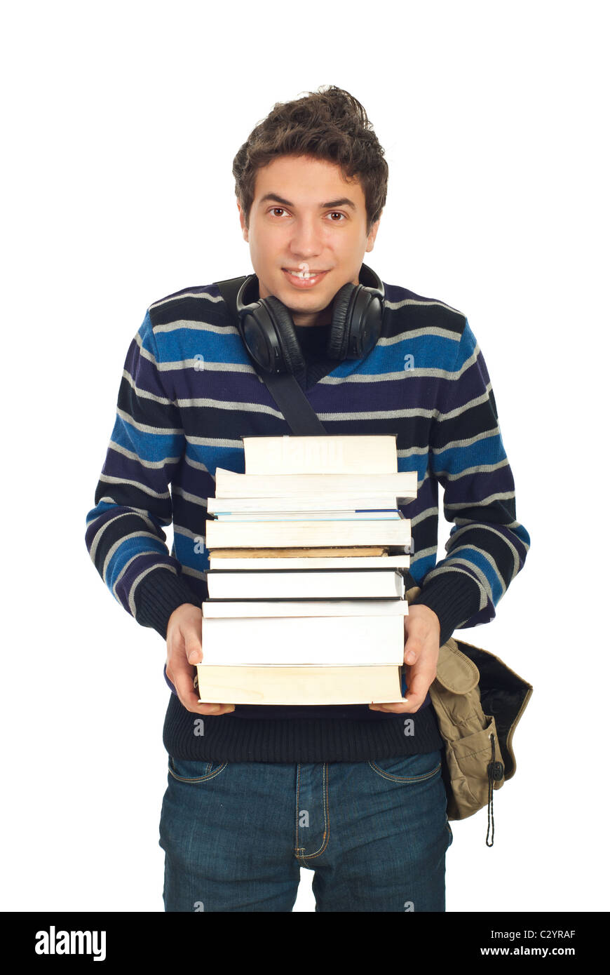 Happy student male carrying pile of books and smiling isolated on white ...